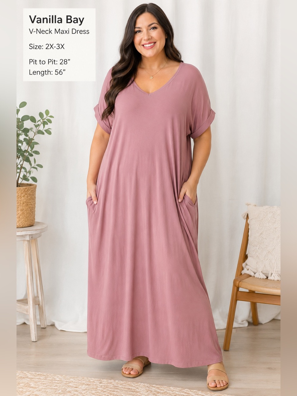 🌸 Vanilla Bay Mauve V-Neck Maxi Dress | 2X-3X